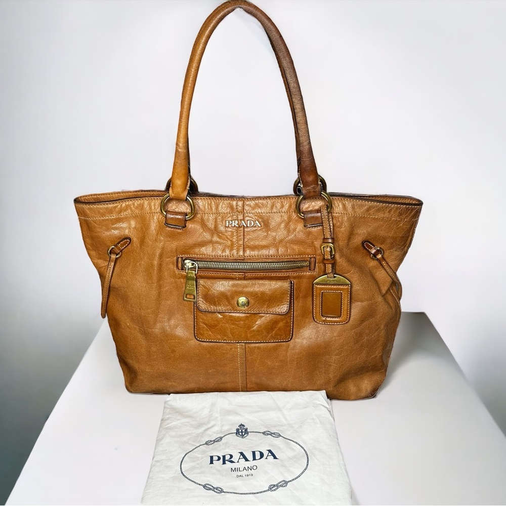 Authentic PRADA Tan Leather Large Tote Hobo Bag with Dust Bag